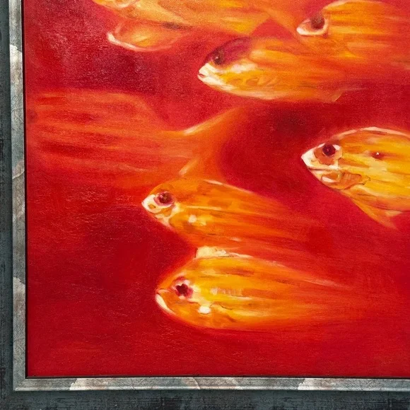 🆕 “Golden Harmony” School of Fish Original – 25.5”x26.5” Framed Oil on Canvas - Picture 3 of 16